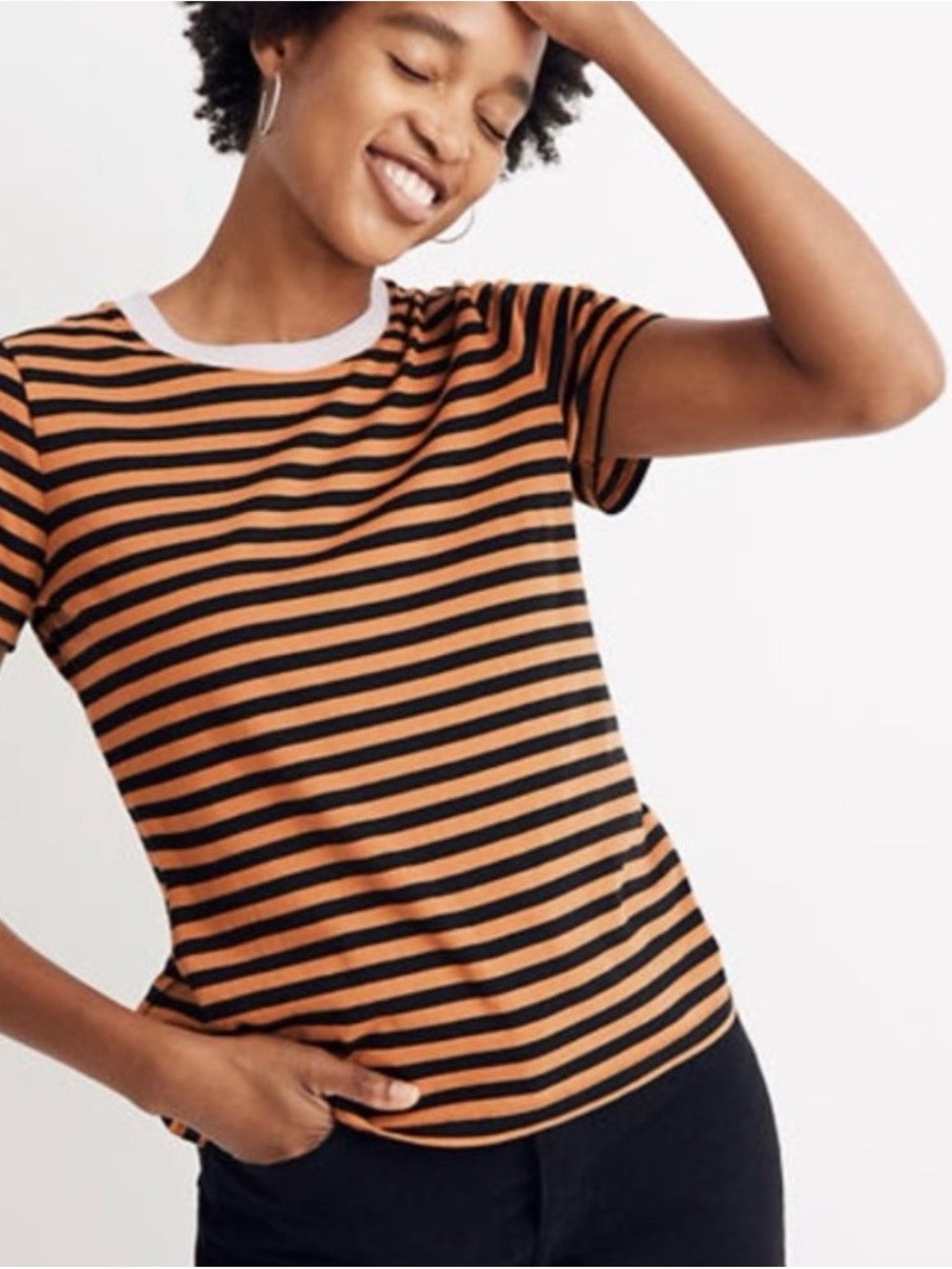 Madewell 100% Cotton Brown & Black Striped Short-Sleeve Tee with Blush Collar